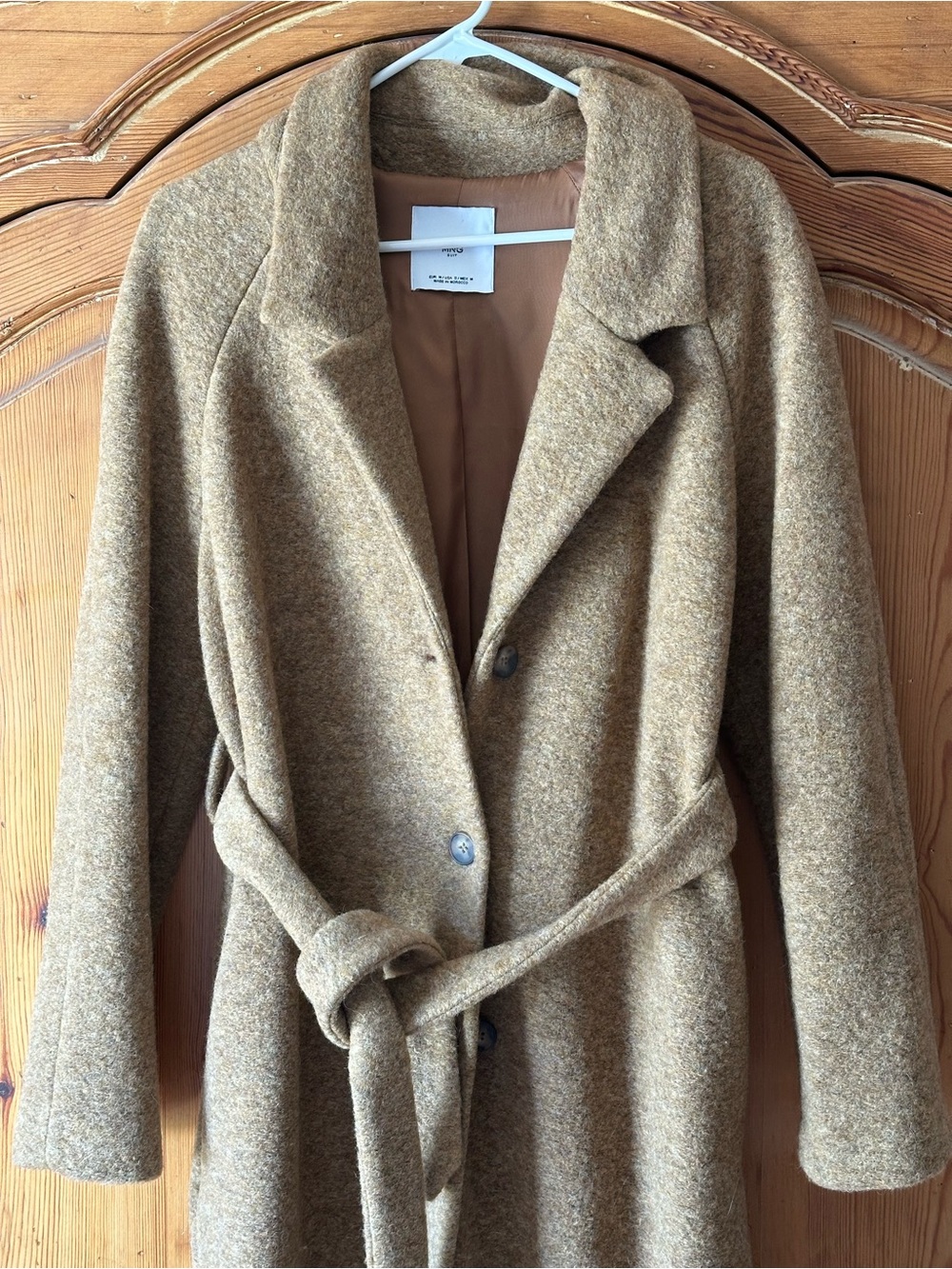 Mango MNG Oat Tan Heathered Long Wool Blend Coat tie and button front size  SM